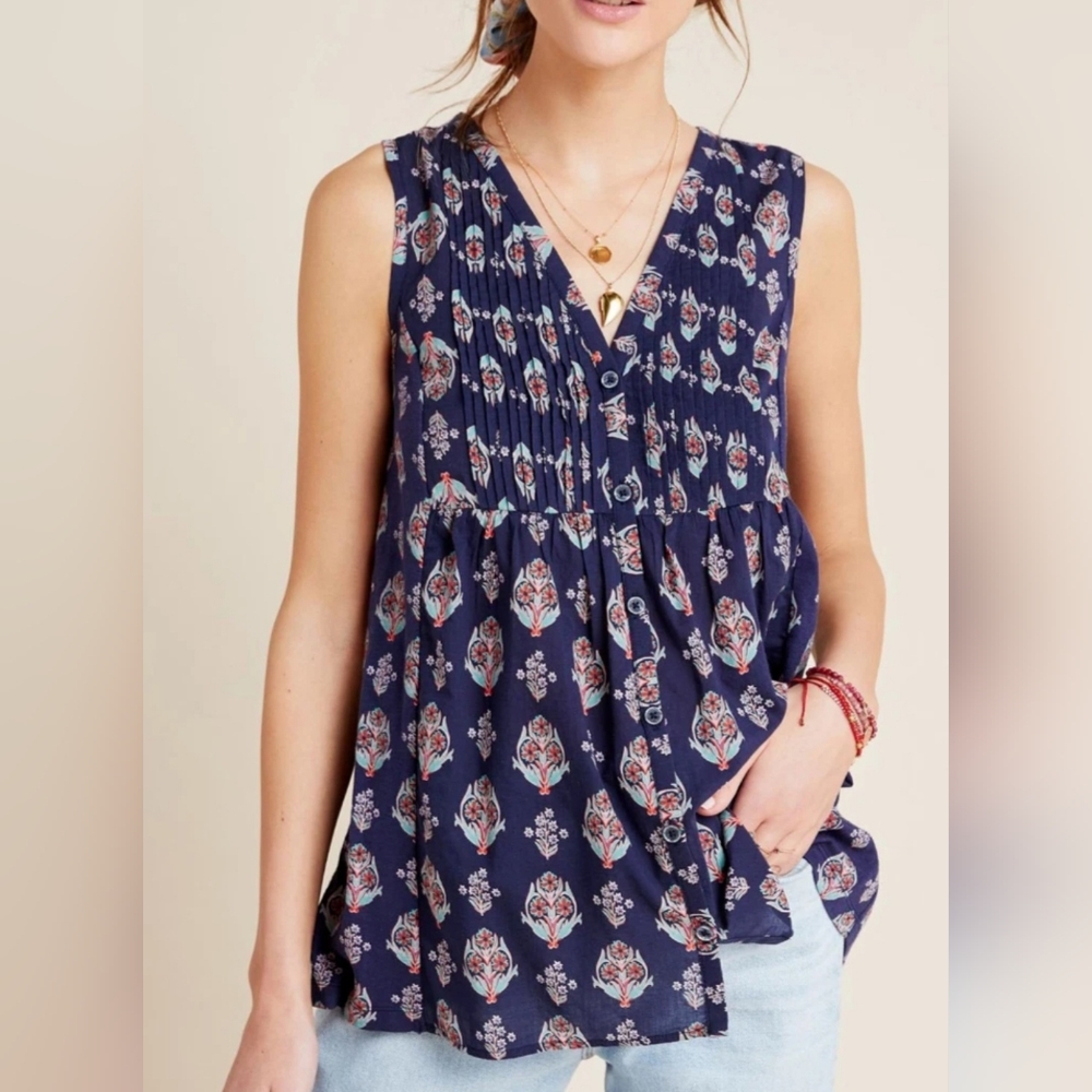 Anthropologie Navy Blue Floral Sleeveless V-Neck Blouse